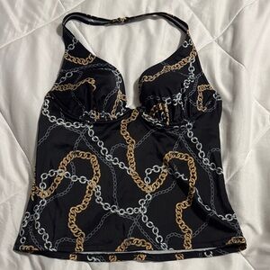 Black Chain Print Halter Tankini Top 36B Y2K Gold Chain Swim Top